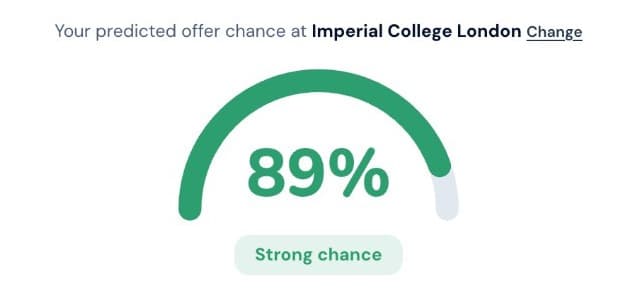 GogoUni dashboard showing an 89% predicted offer chance at Imperial College London, labelled Strong chance