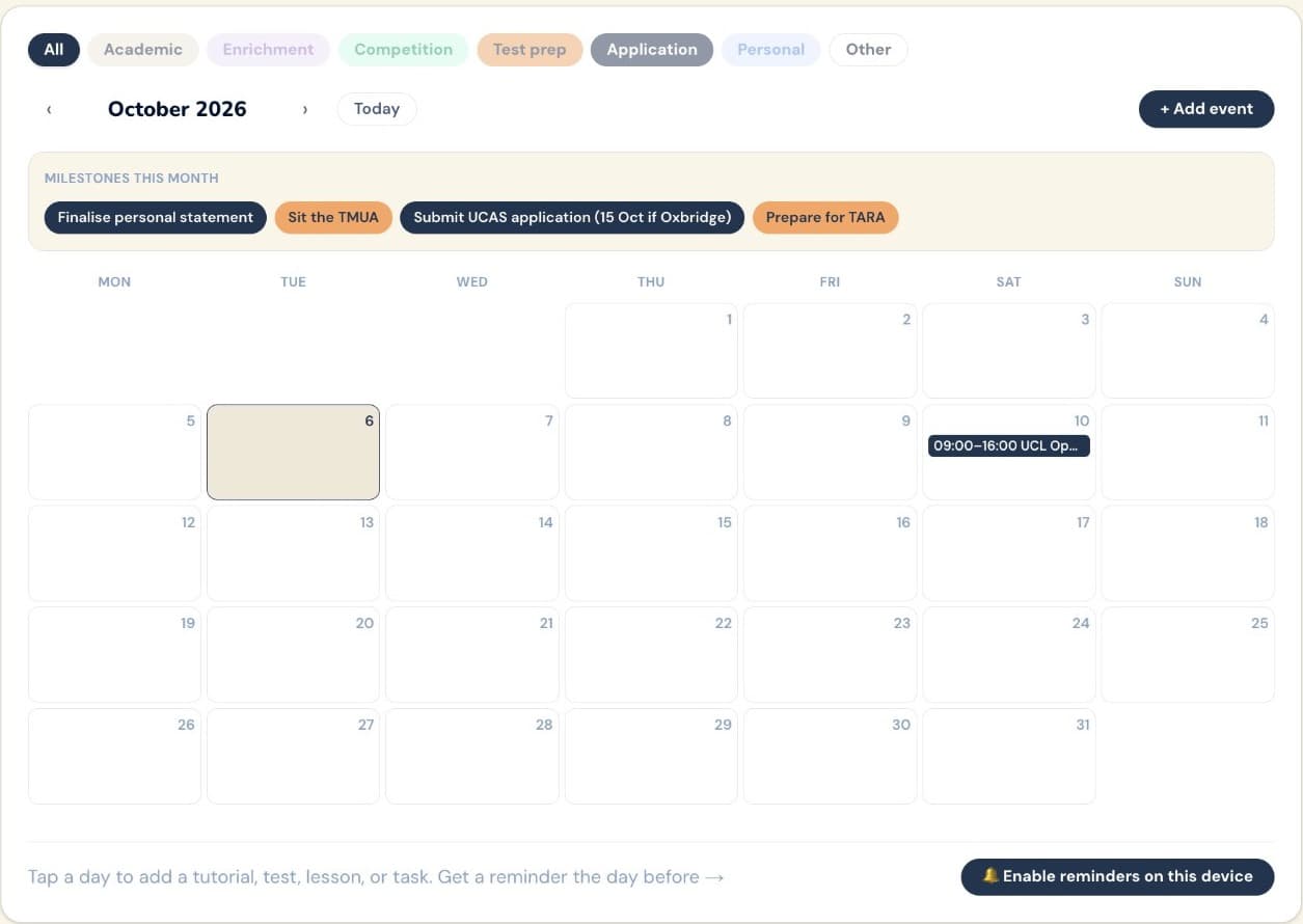 GogoUni roadmap calendar for October 2026, with milestones to finalise the personal statement, sit the TMUA and submit the UCAS application, and a UCL open day booked
