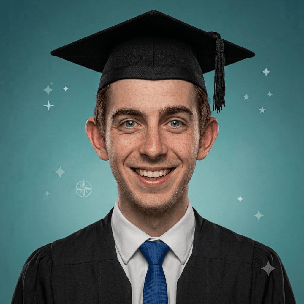 The same student smiling in a graduation cap and gown