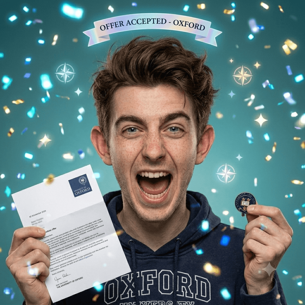 A student celebrating, holding his university offer letter